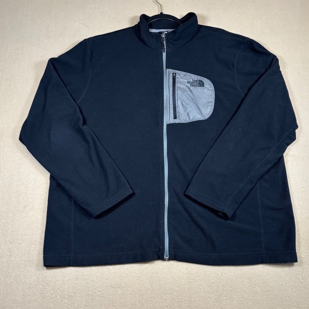 The North Face Mens XXL Black Full Zip Fleece Jacket Grey Chest Pocket Logo